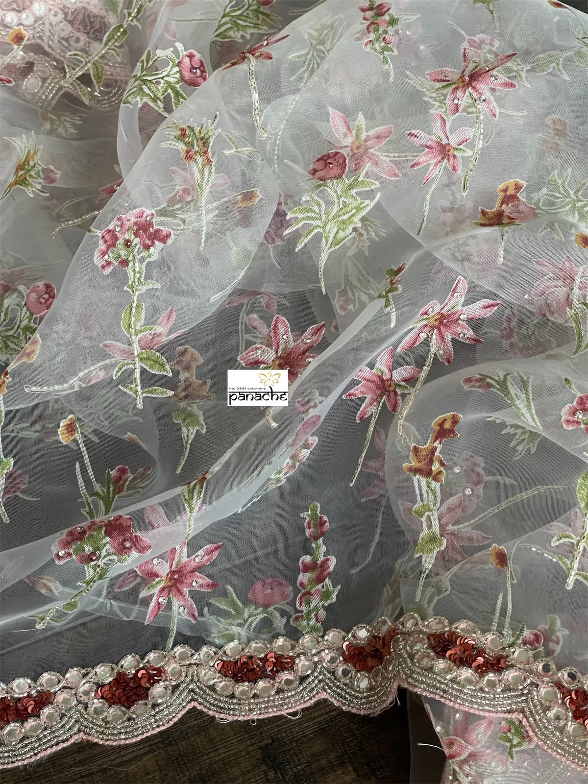 Designer Organza - Off-white Maroon Hand embroidered