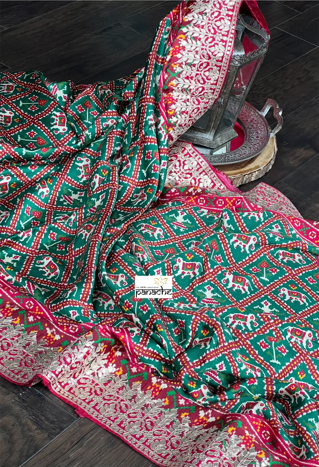 Designer Satin Maslin Silk - Green Red Patola Print