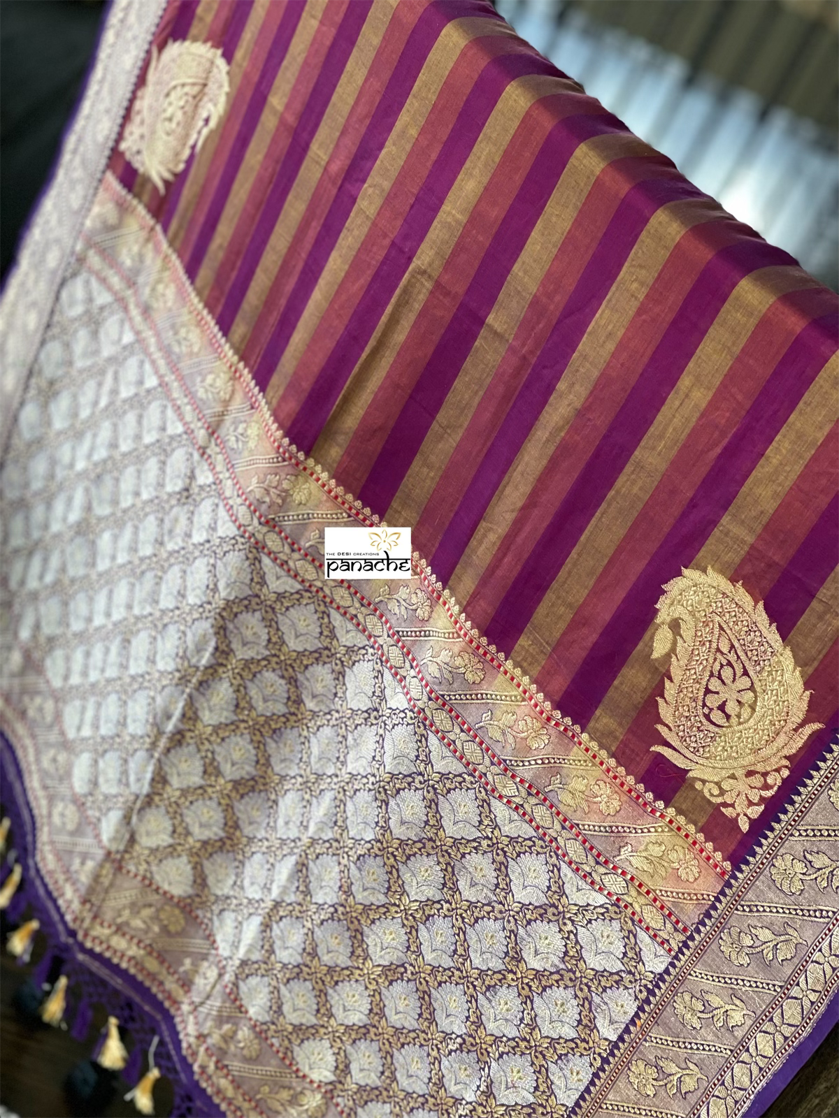Pure Malmal Cotton Banarasi - Purple Striped Kadwa Zari Woven