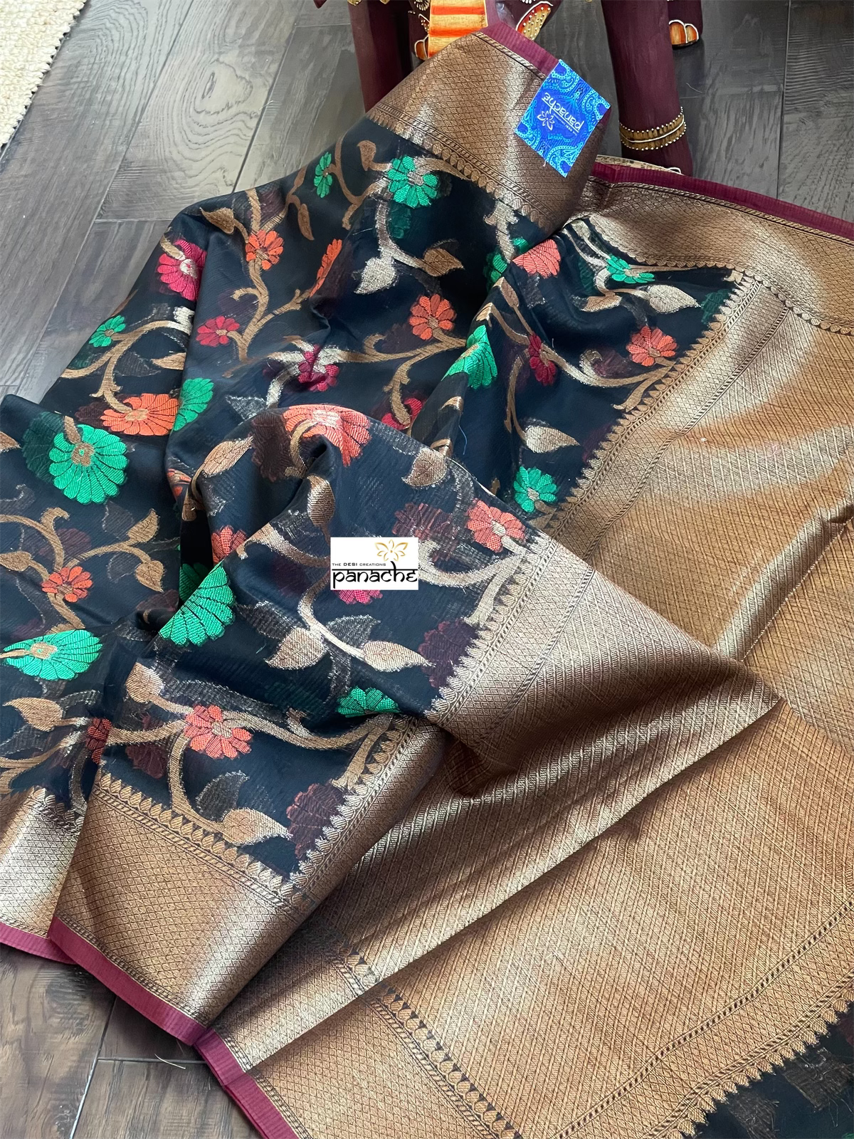 Cotton Silk Banaras Chanderi - Black Meenakari