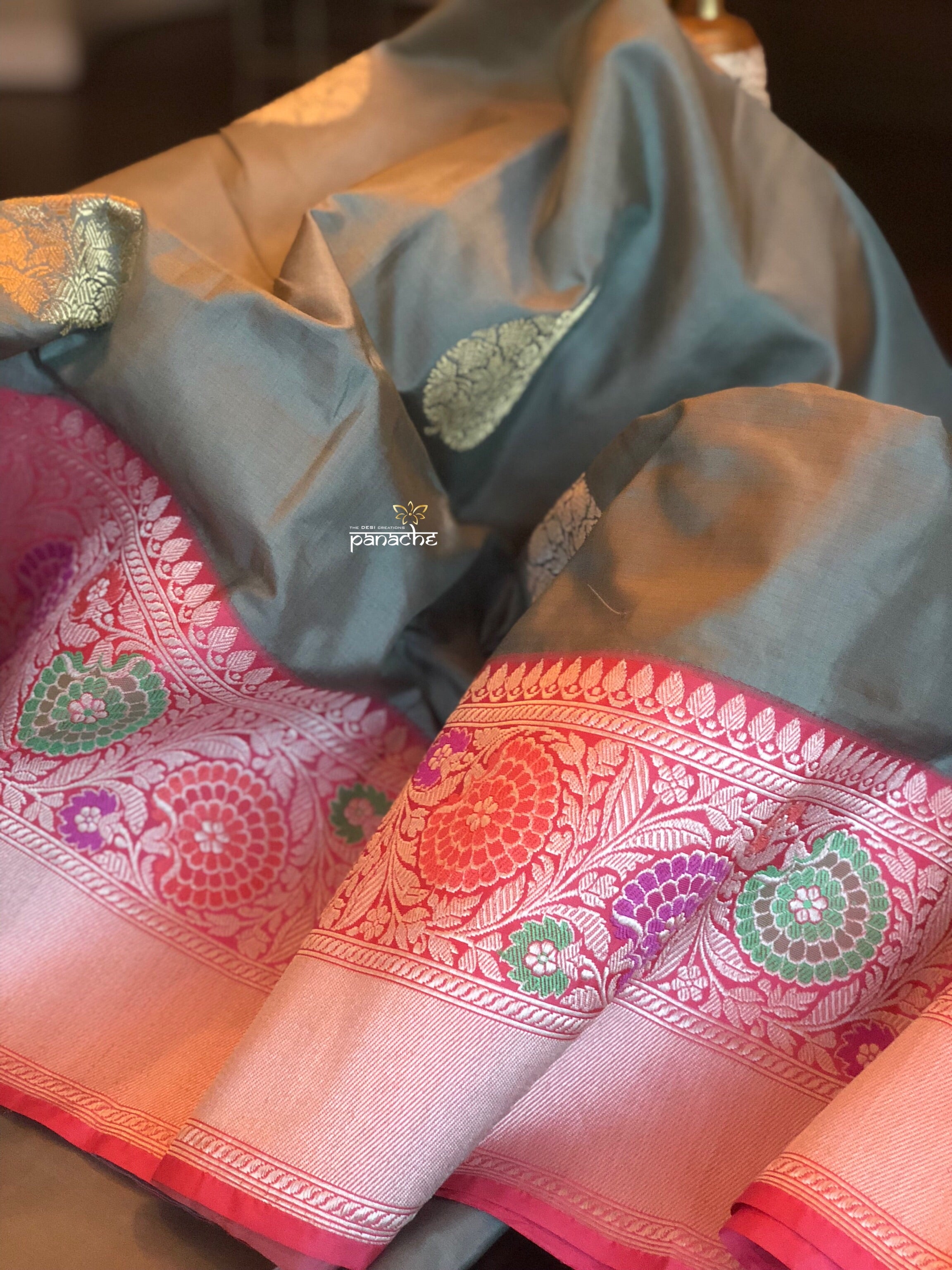Pure Katan Silk Benarasi - Grey Golden Silver Zari