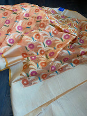 Kora Cotton Silk Saree - Tangerine Meenakari