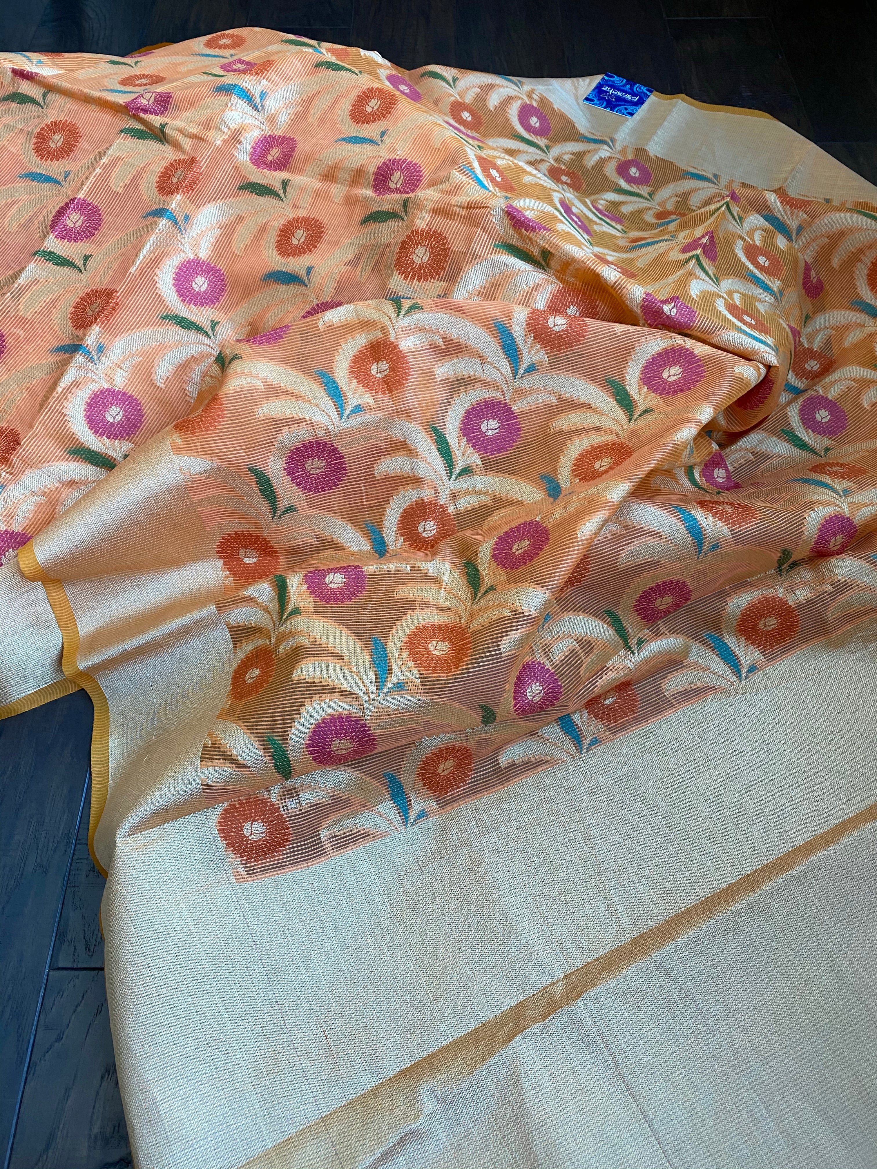 Kora Cotton Silk Saree - Tangerine Meenakari