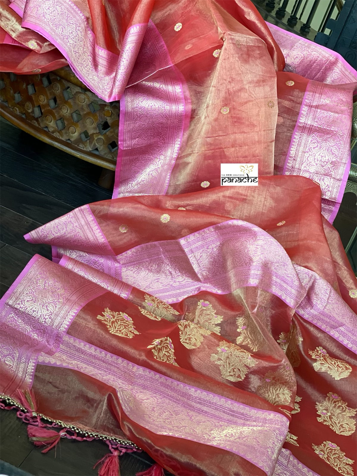 Tissue Chanderi Silk - Orangish Peach Lavender