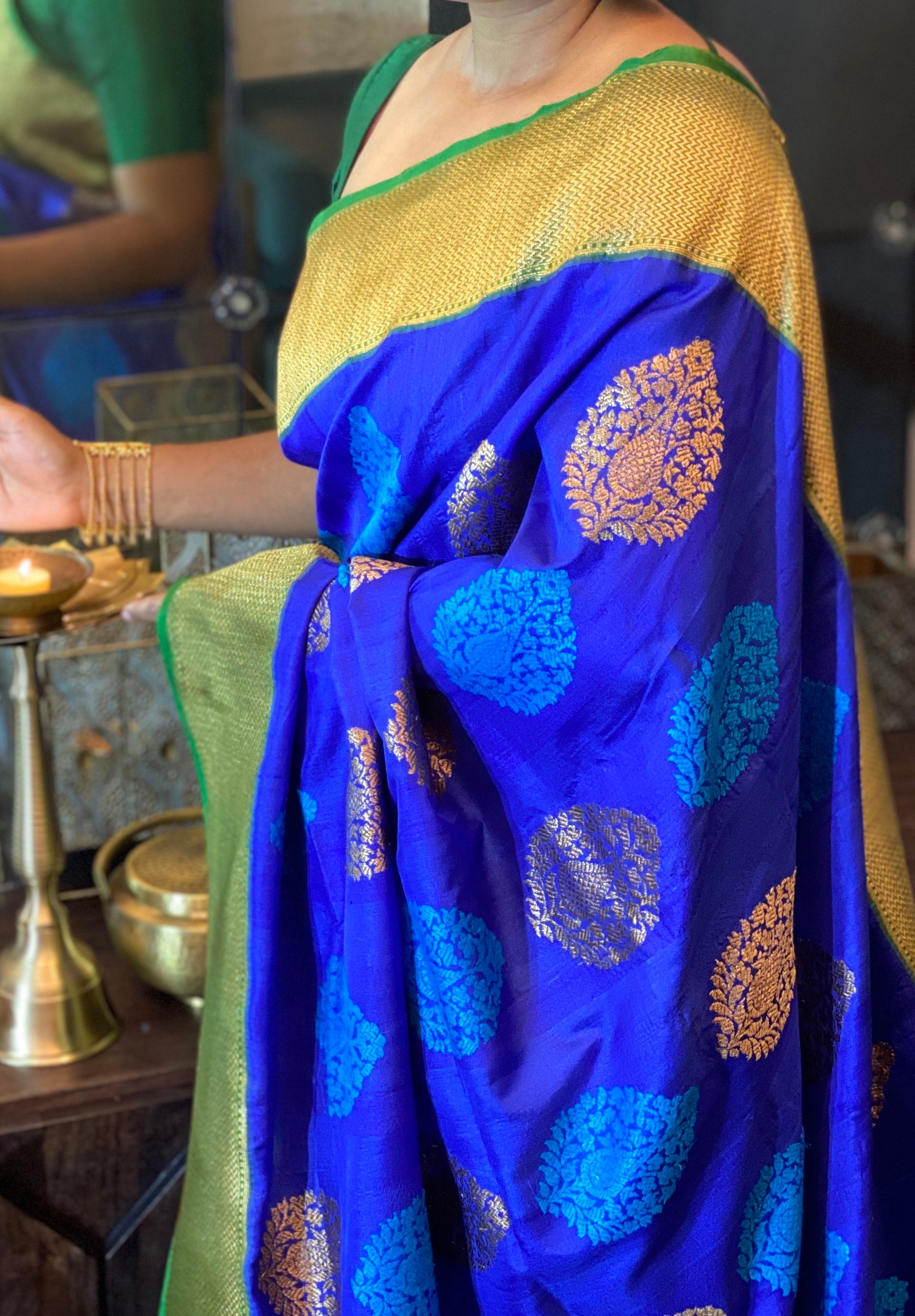 Pure Tassur Silk Banarasi - Royal Blue Green