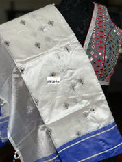 Pure Chanderi Pattu Silk - Off white Blue Eknaliya Woven Meenakari