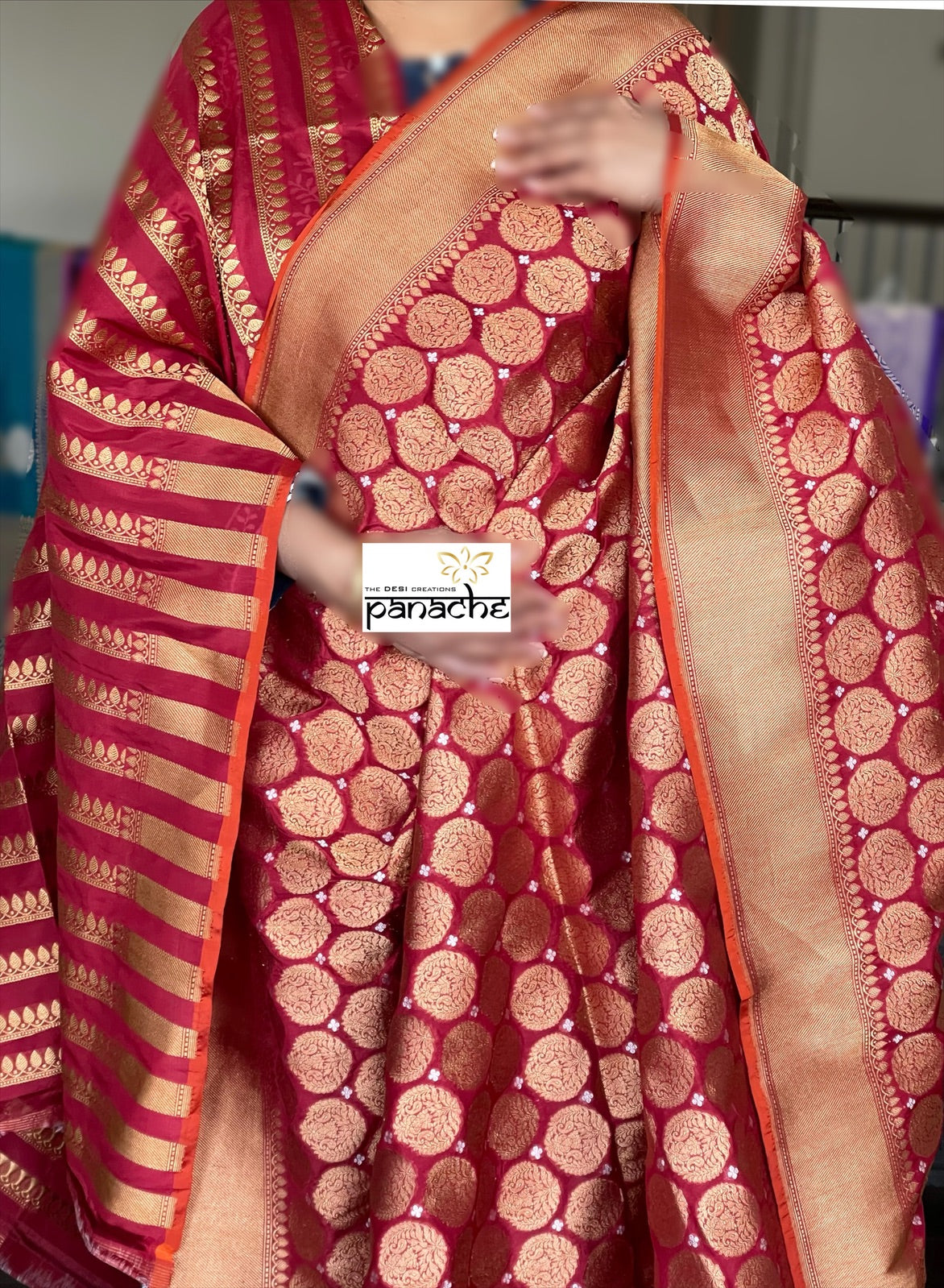 Pure Katan Silk Banarasi - Wine Red Antique Golden Zari