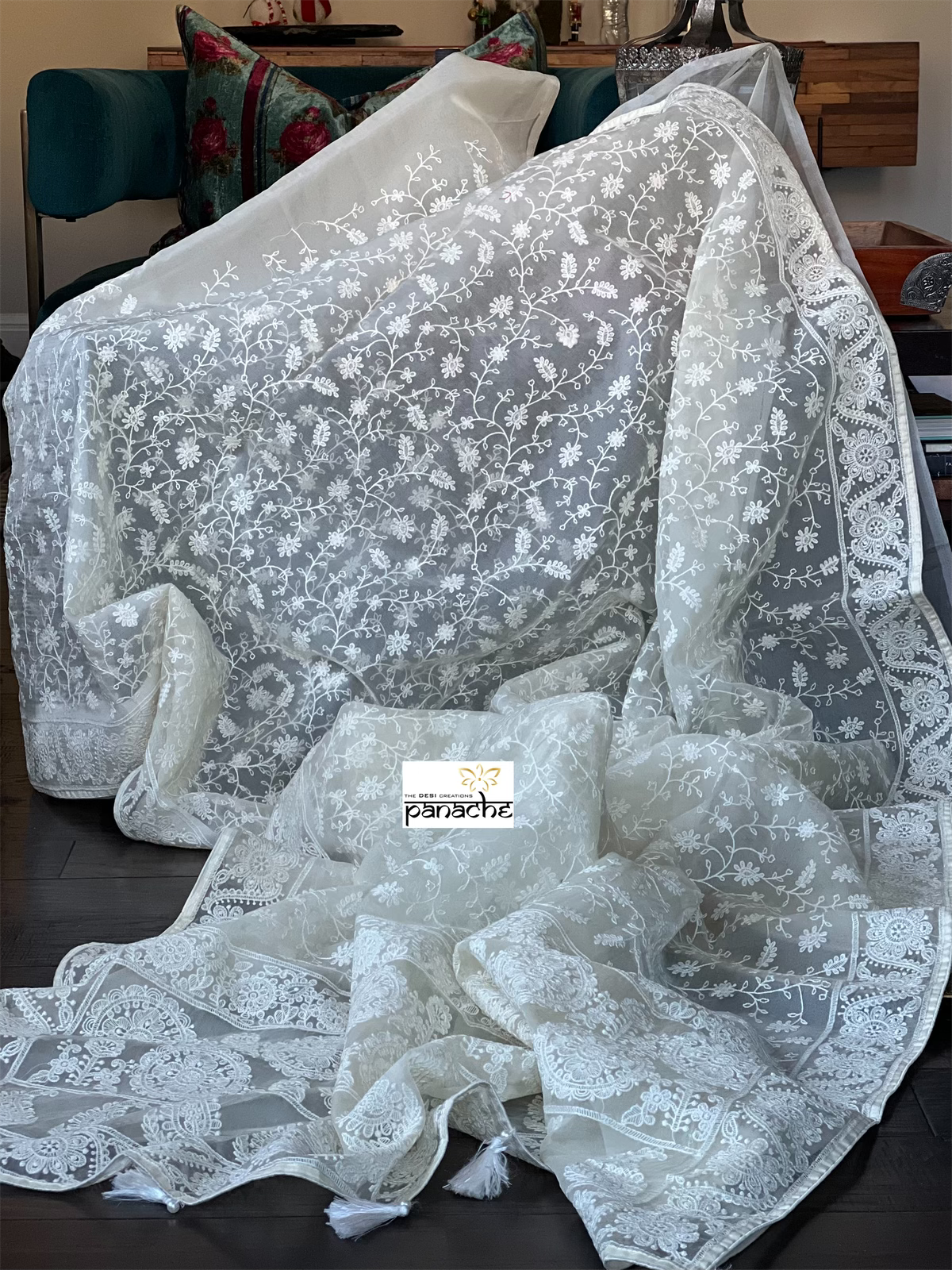 Designer Organza - Ivory White Embroidered