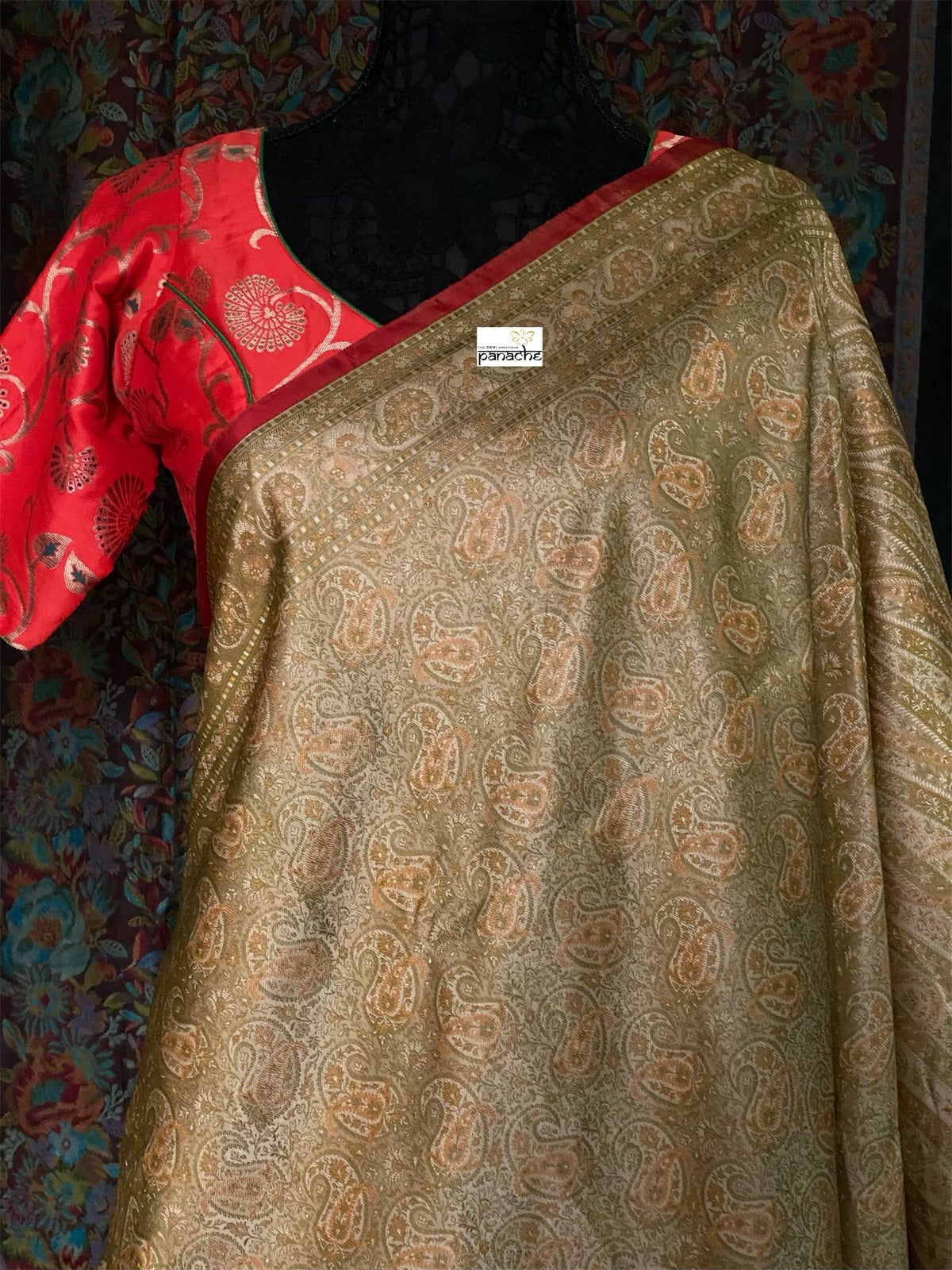 Pure Satin Silk Tanchoi Banarasi - Beige Grey Pista Green Kani Woven