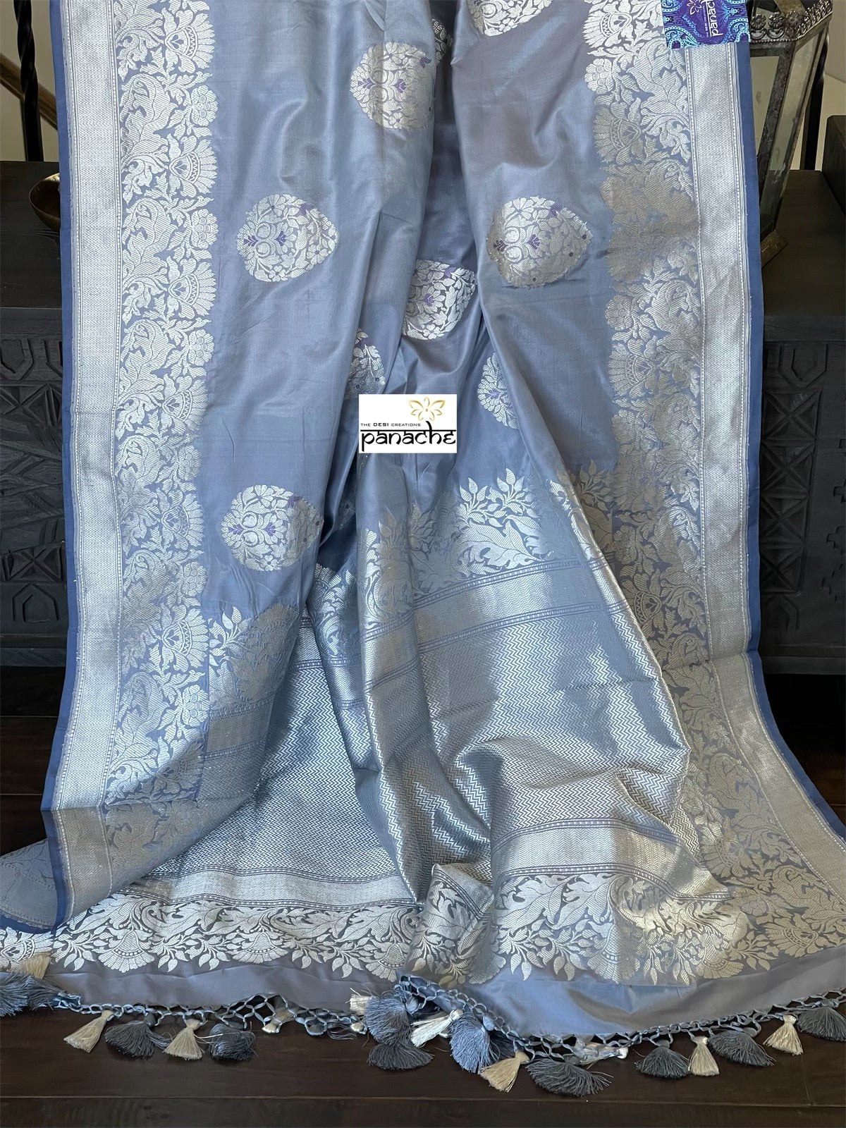 Pure Katan Silk Banarasi - Bluish Grey Meenakari Kadwa