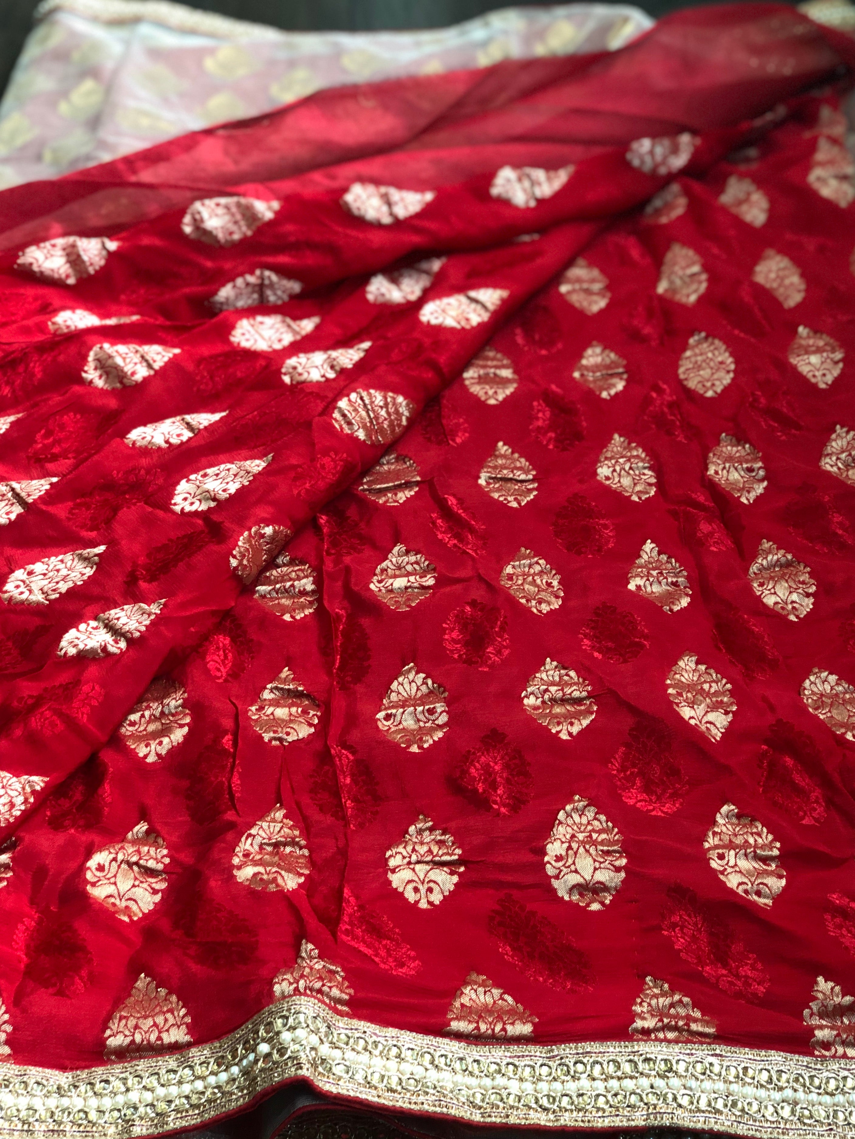 Designer Saree - Golden Tissue Red Soft Silk Half Half