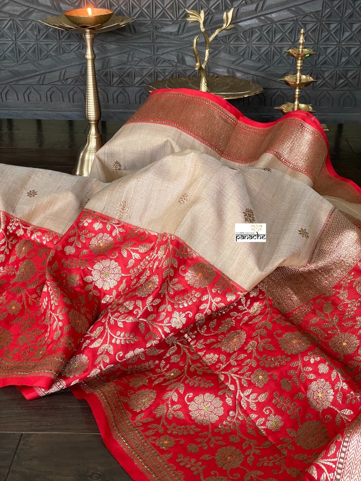 Pure Tassur Silk Banarasi - Beige Tan Red Meenakari