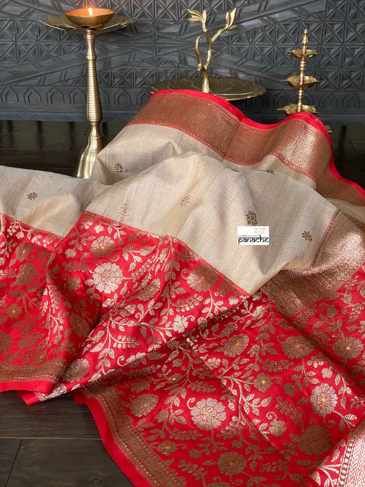 Pure Tassur Silk Banarasi - Beige Tan Red Meenakari
