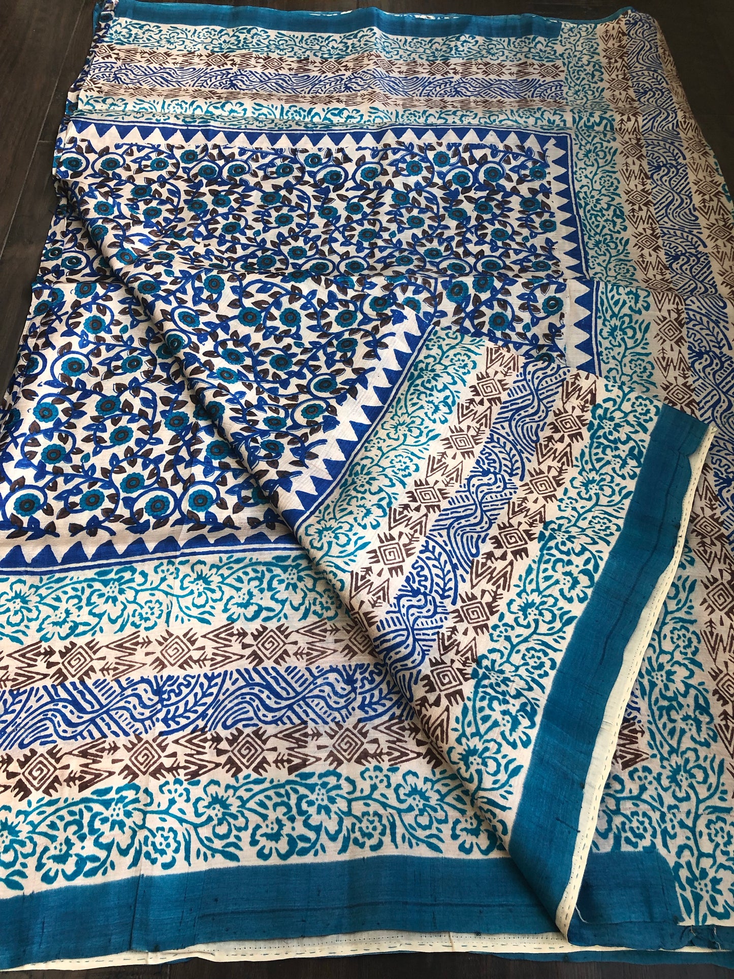 Tussar Silk - Printed Offwhite Firozi Royal Blue