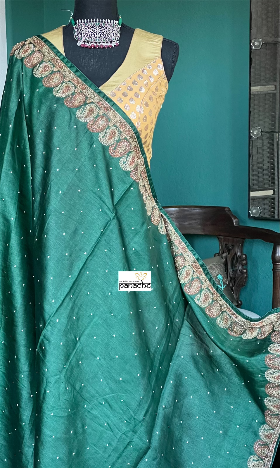 Pure Tussar Silk - Dark Green Embroidered