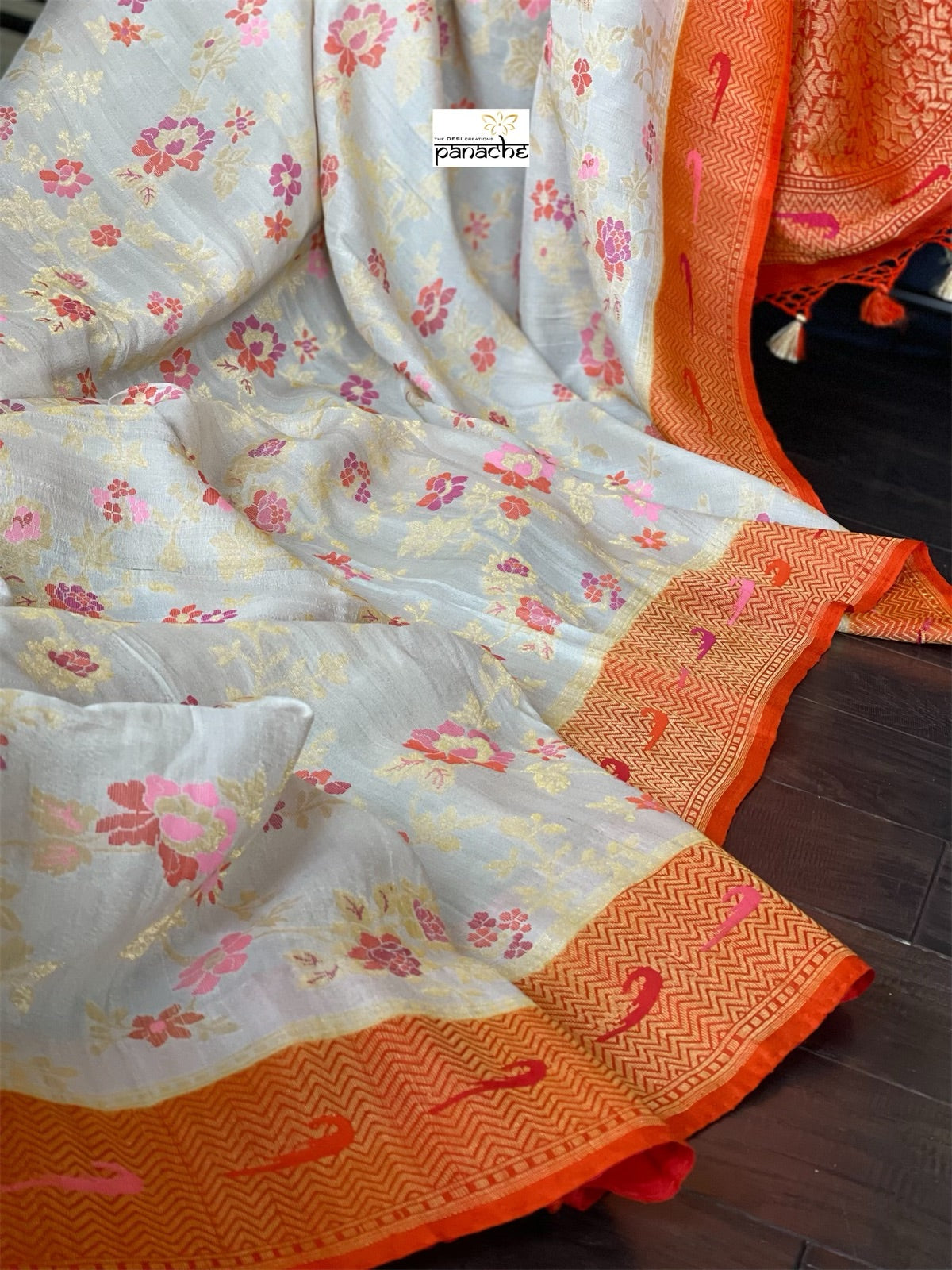 Khaddi Tussar Banarasi - Tilfi woven Beige Orange Multi Meenakari