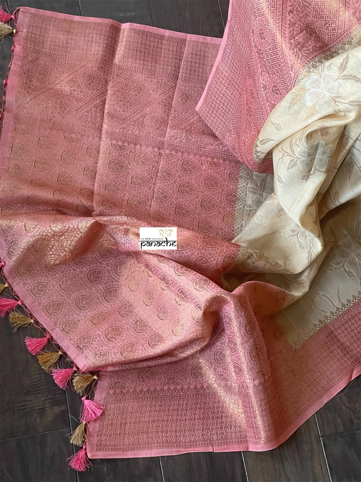 Mulmul Tissue Cotton Banarasi - Tan Beige Pink Golden Zari