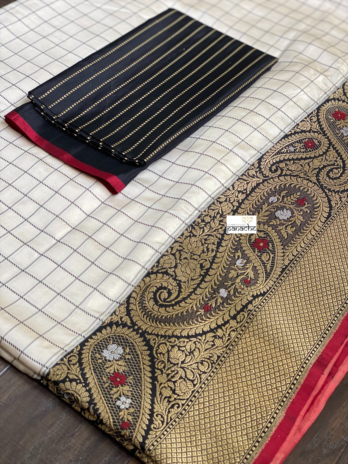 Pure Katan Silk Banarasi - Offwhite Black Checkered Kadwa Woven