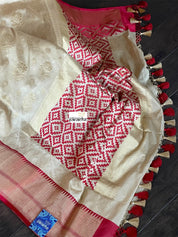 Pure Katan Silk Banarasi - Golden Beige Red Kadwa woven