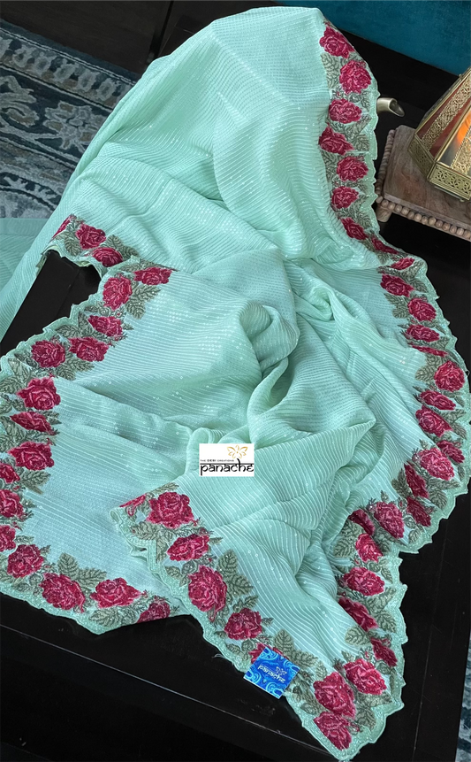 Designer Pure Georgette Hand Embroidered - Mint