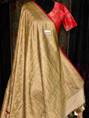 Pure Satin Silk Tanchoi Banarasi - Beige Grey Pista Green Kani Woven