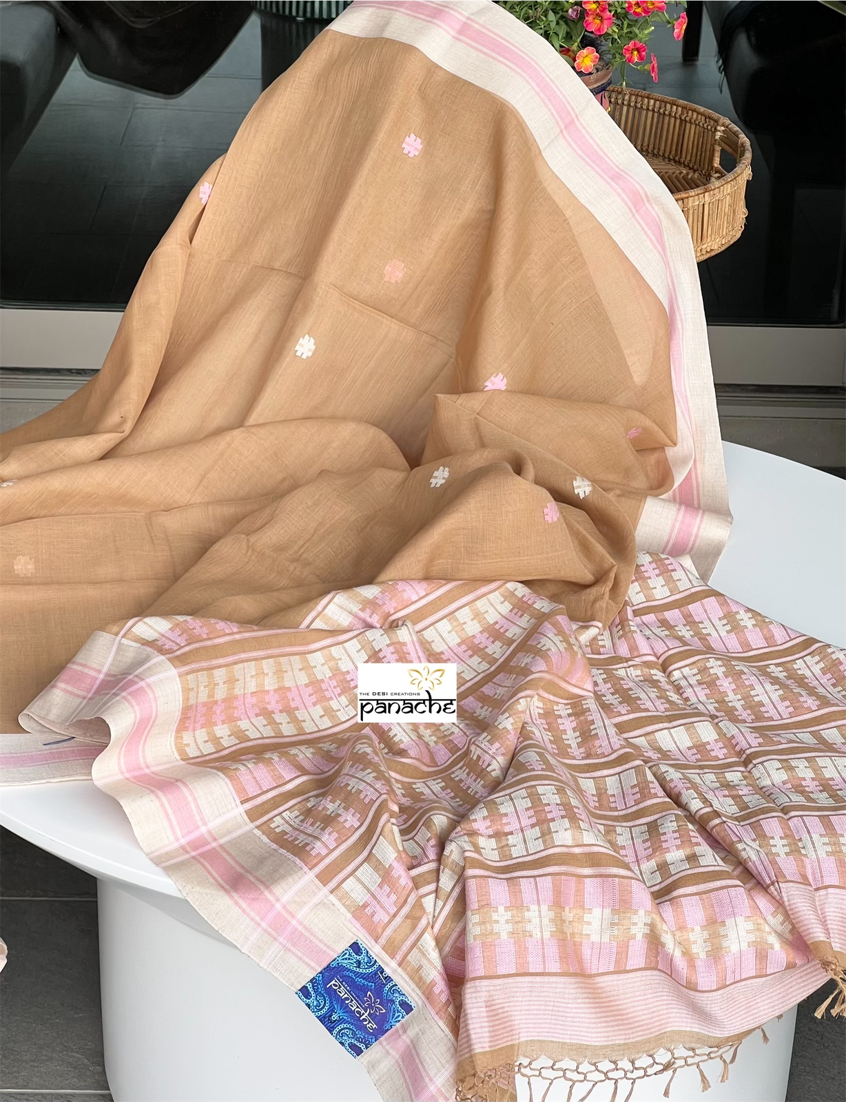 Pure Khadi Cotton Handloom - Light Ochre Brown Pink Woven