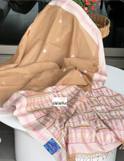 Pure Khadi Cotton Handloom - Light Ochre Brown Pink Woven