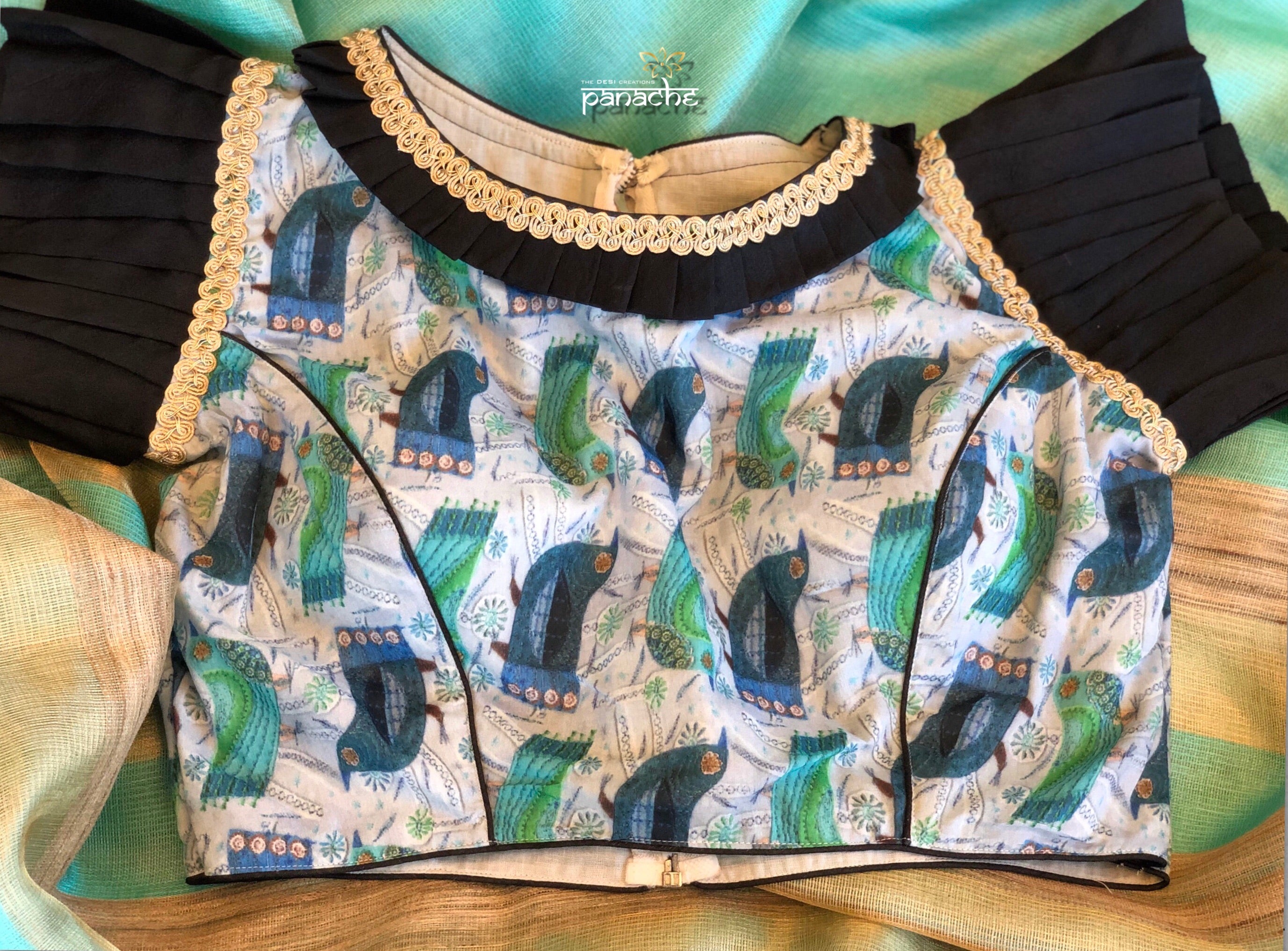 Designer Blouse - Sea Green Bird Design