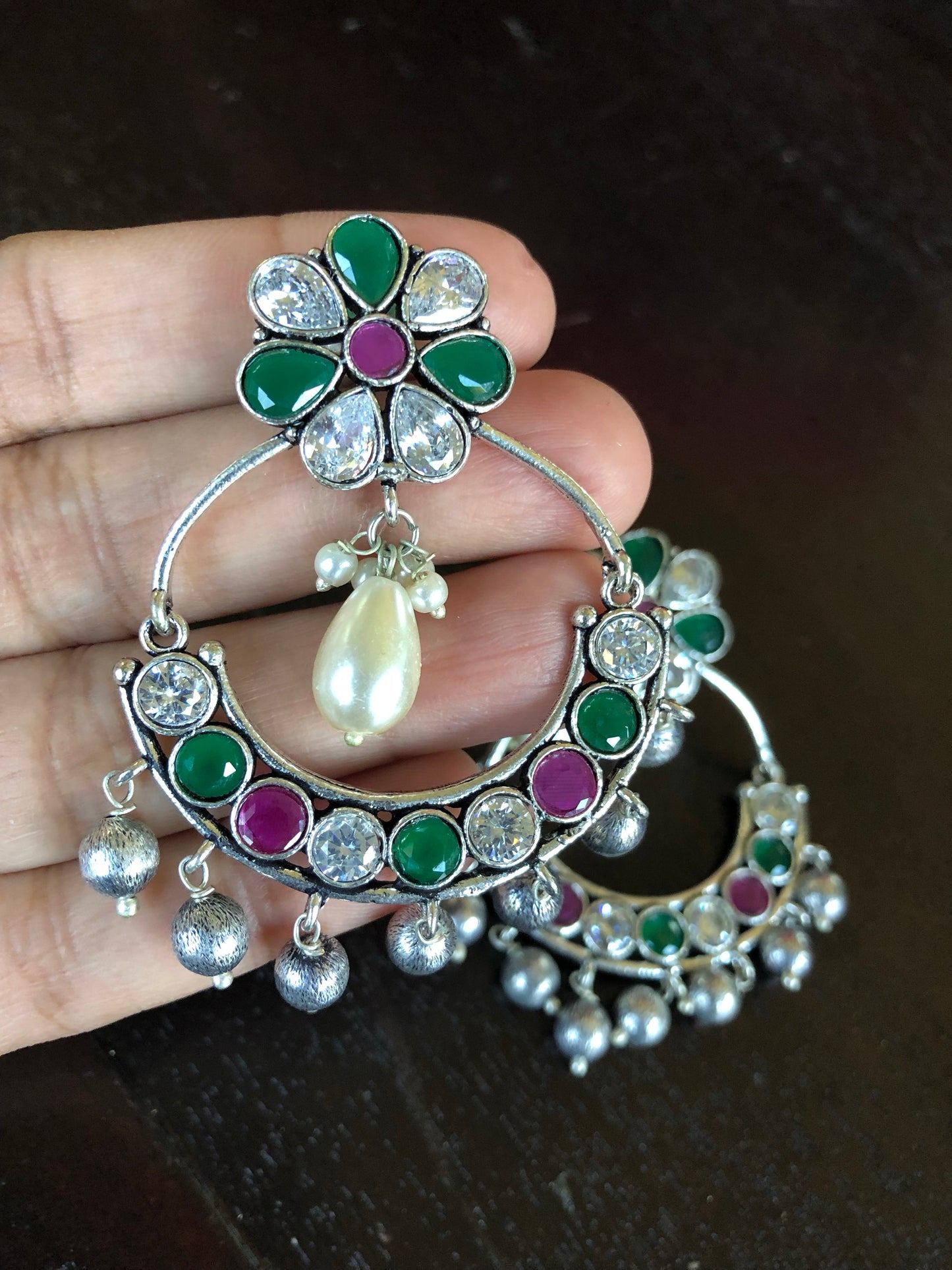 Jewelry Earring - Dangler 2 Magenta Green Stone