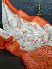 Khaddi Tussar Banarasi - Tilfi woven Beige Orange Multi Meenakari