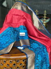 Tussar Silk Banarasi - Red Blue Kadwa