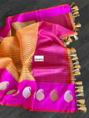 Pure Silk Cotton Banarasi - Orange Magenta Khadwa Woven