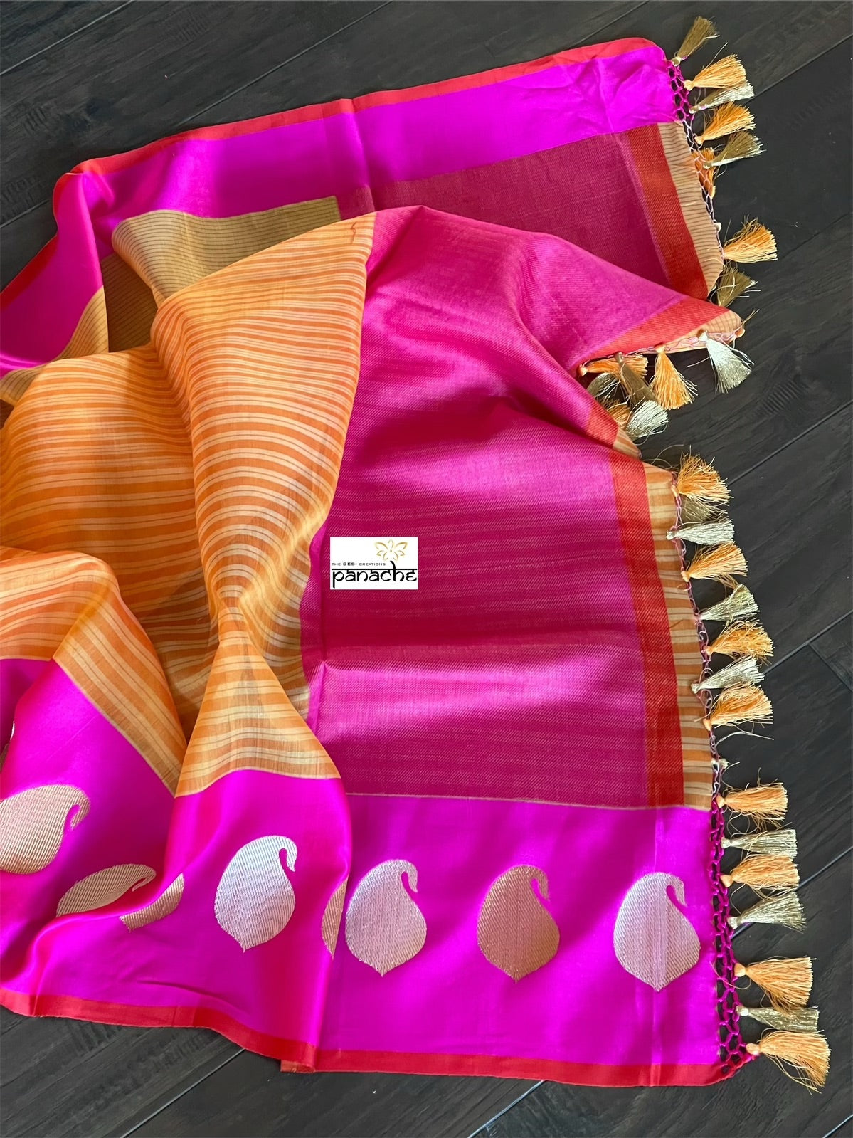 Pure Silk Cotton Banarasi - Orange Magenta Khadwa Woven