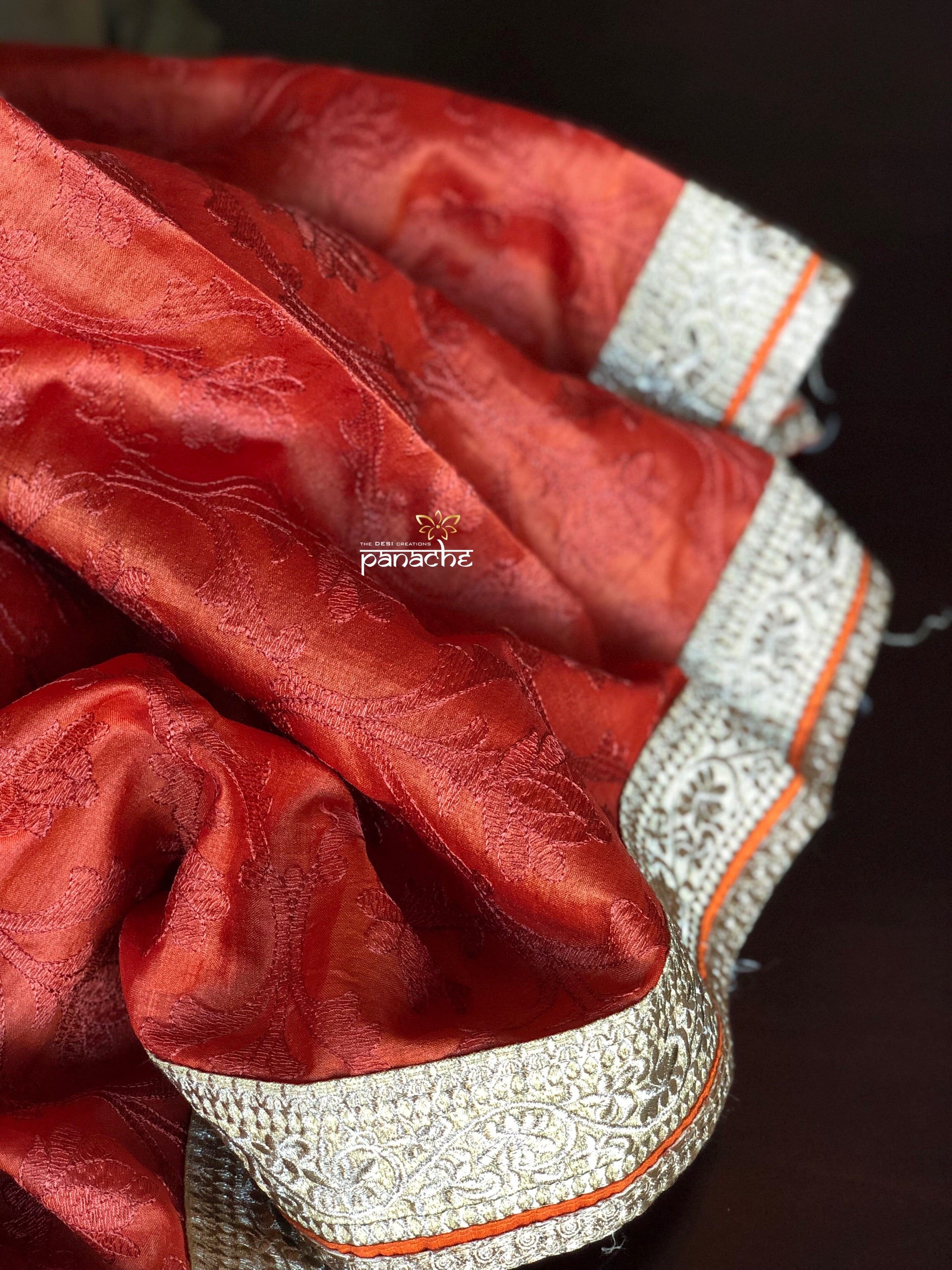 Designer Tussar Silk - Rust Golden Zari Woven
