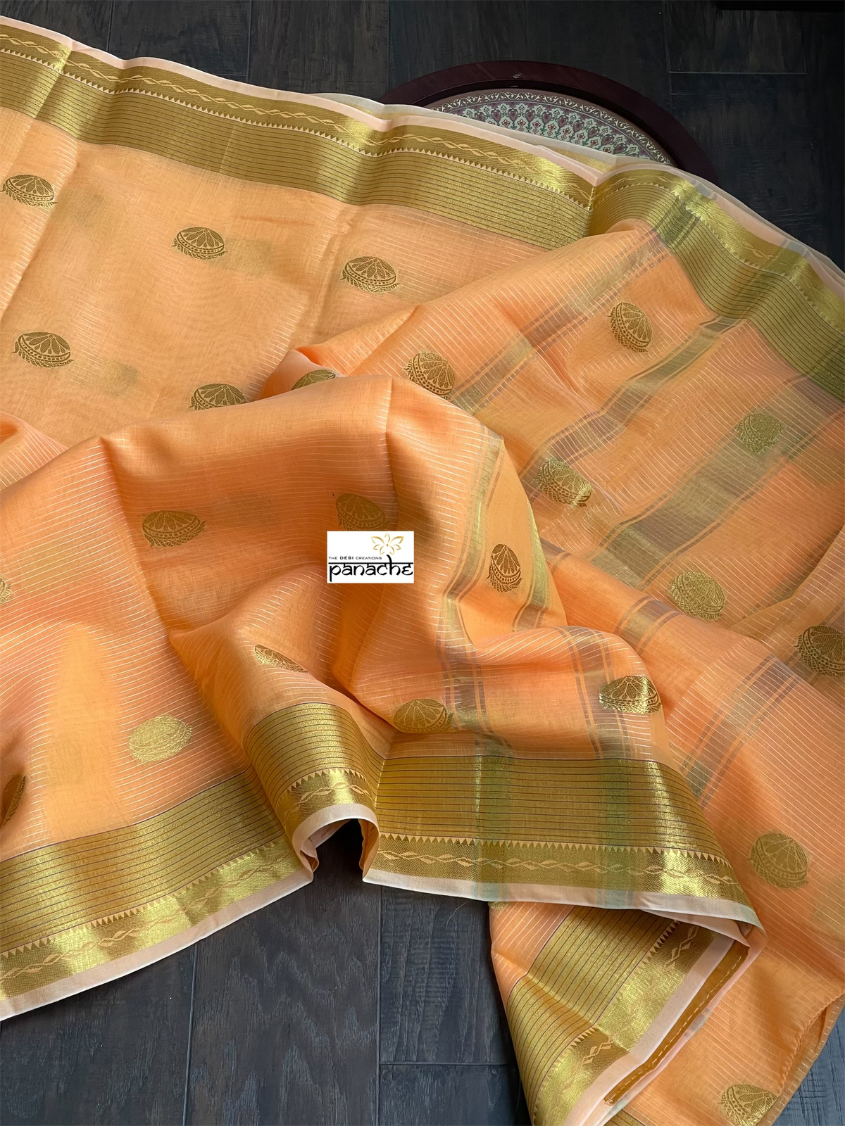 Cotton Silk Banaras Chanderi - Peach Orange Zari Striped