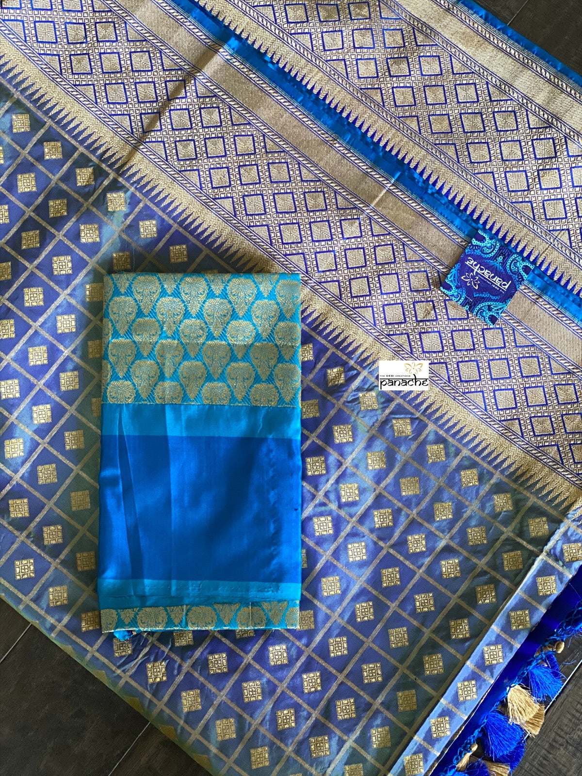 Katan Silk Banarasi - Metallic Blue checkered