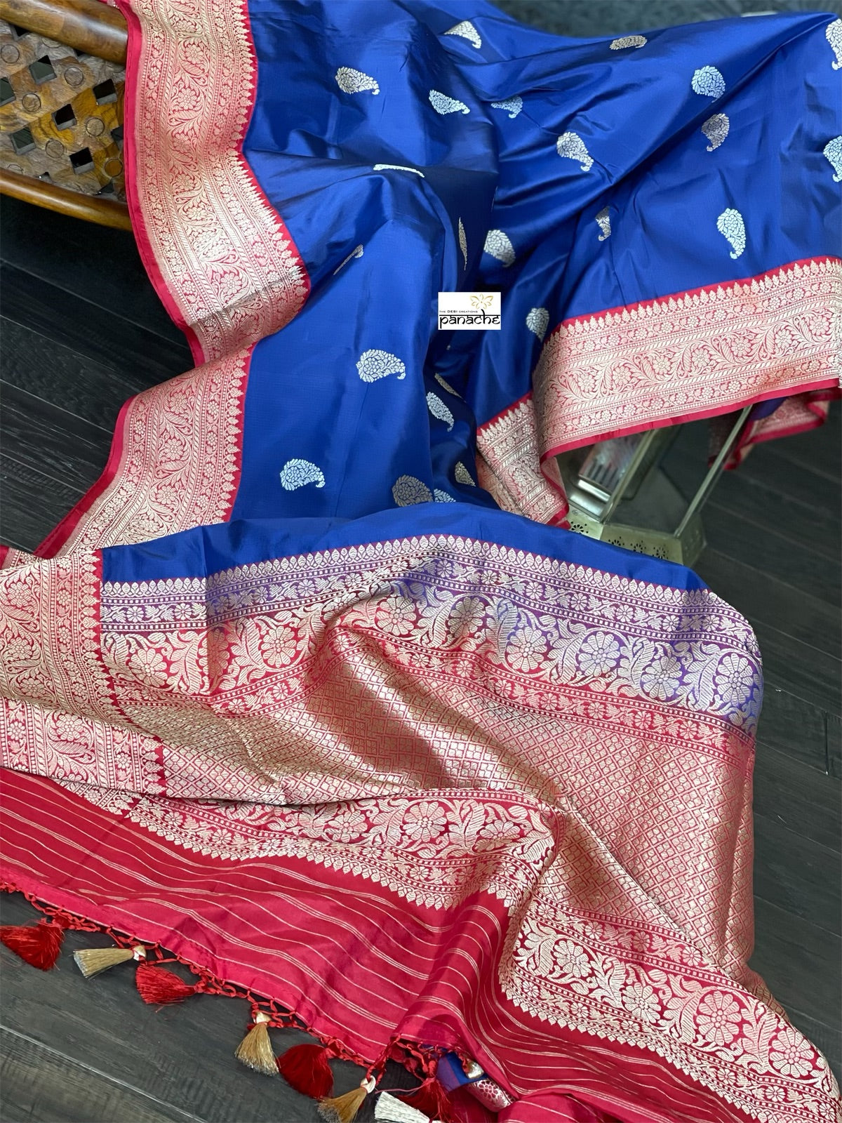 Pure Silk Katan Banarasi - Navy Blue Red Kadhwa