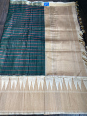 Pure Tassur Silk Banarasi - Dark Black Avocado Green Striped