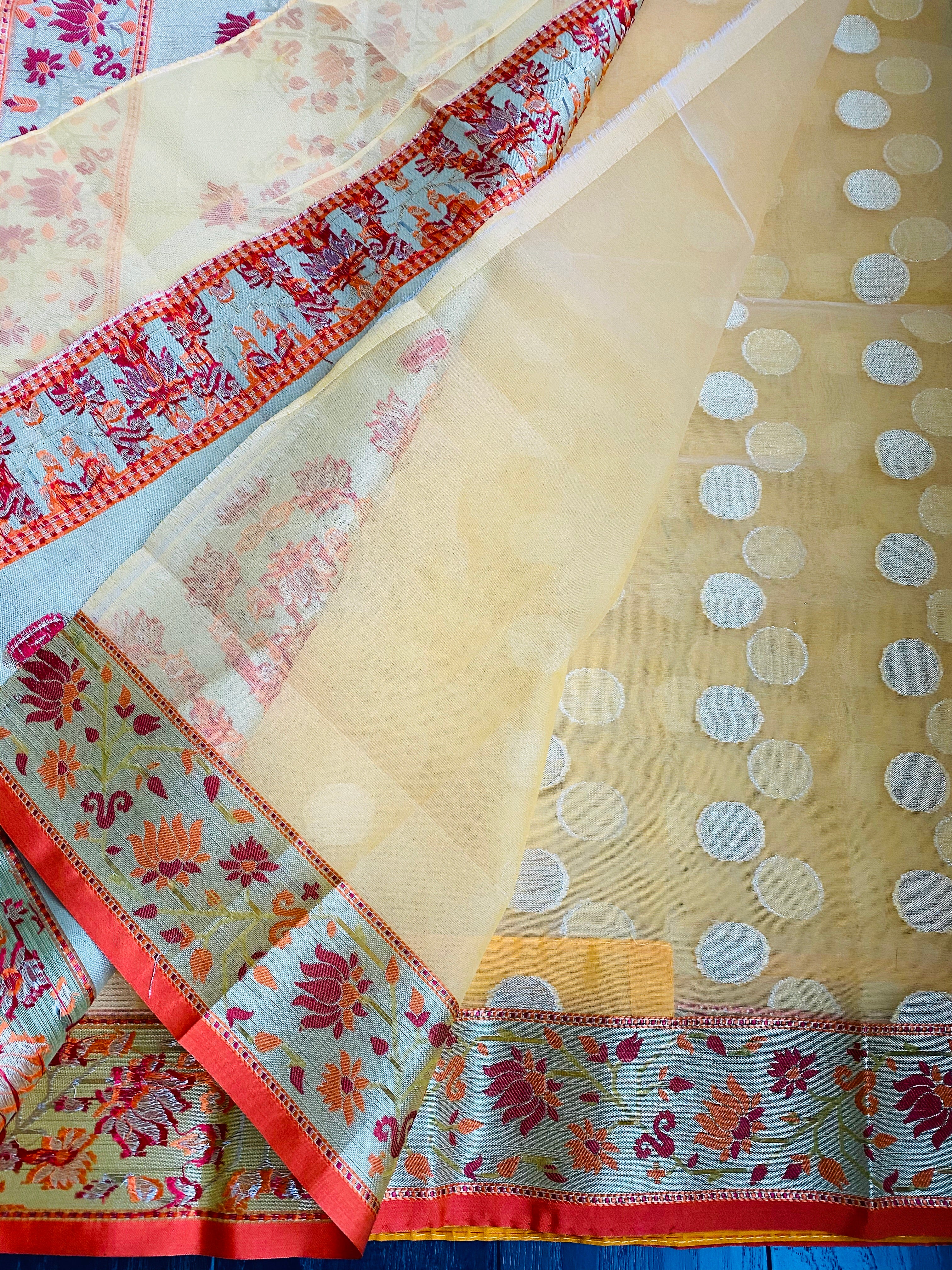 Kora Silk Paithani - Yellow Orange