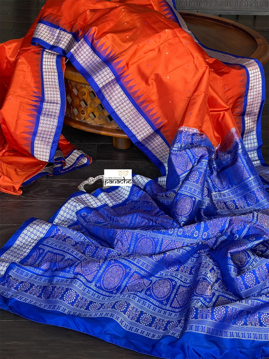 Pure Silk Bomkai - Orange Royal Blue