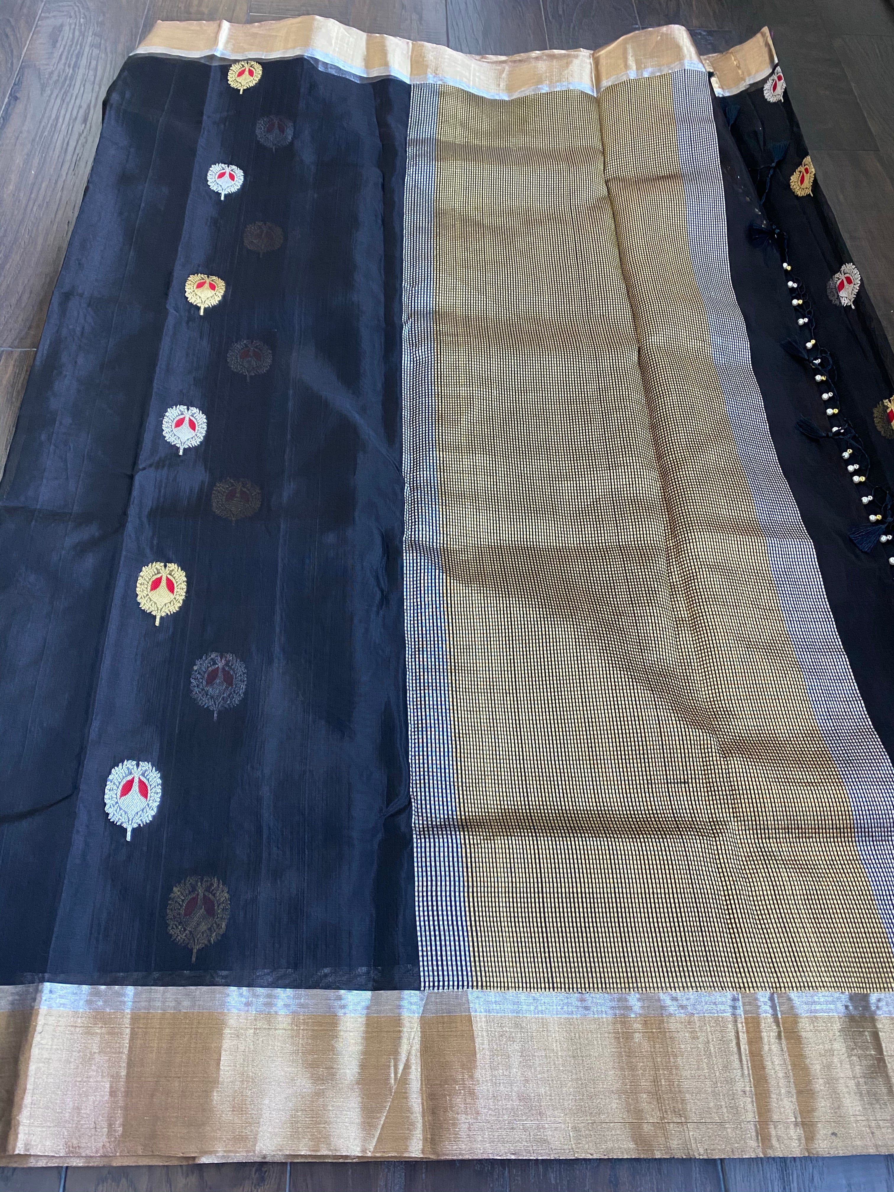 Pure Chanderi Katan Silk - Black Meenakari