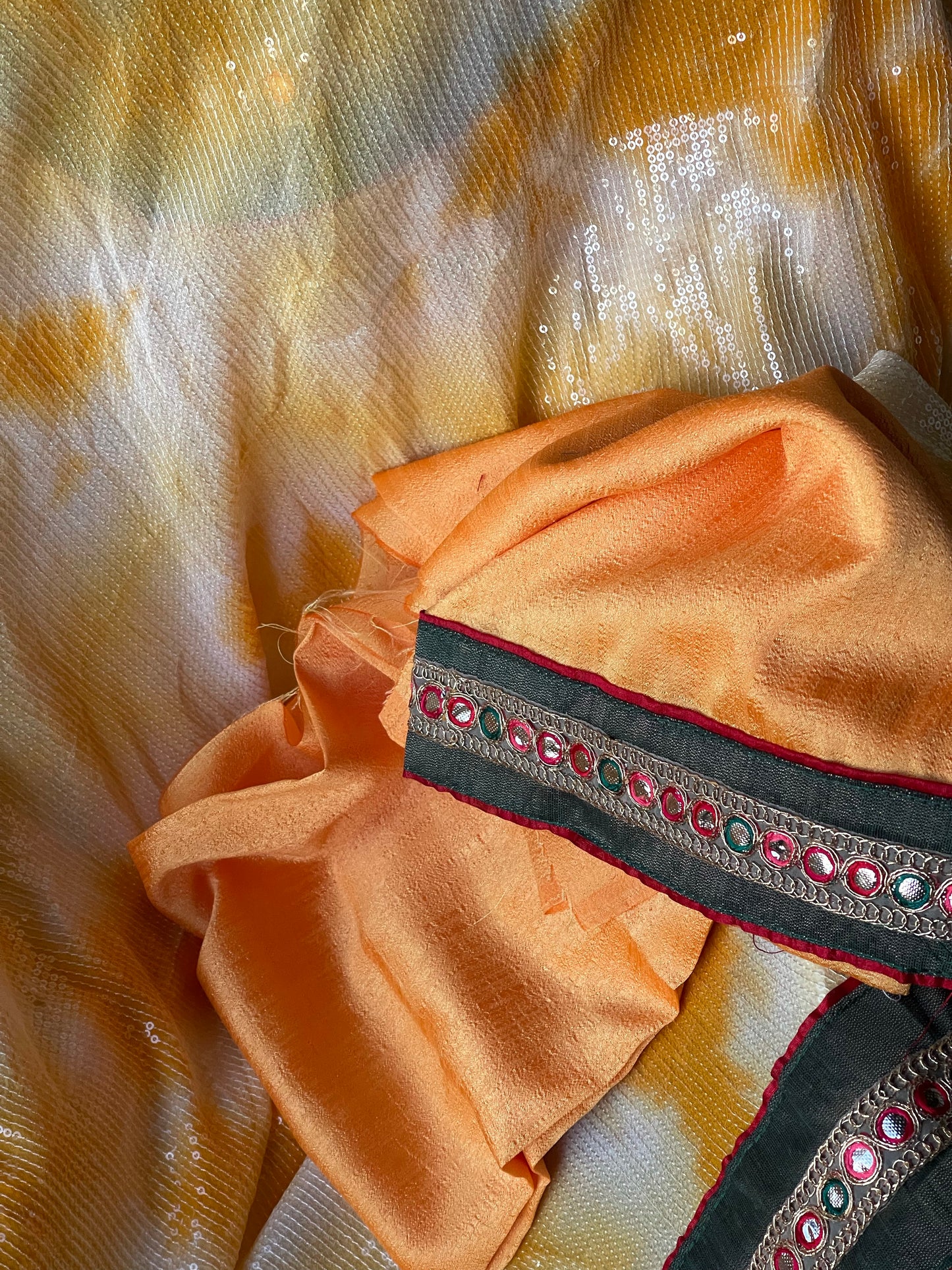 Designer Georgette Sequin Saree - Yellow Orange Tie Dye