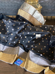 Pure Chanderi Silk -  Black Golden Silver Zari Woven