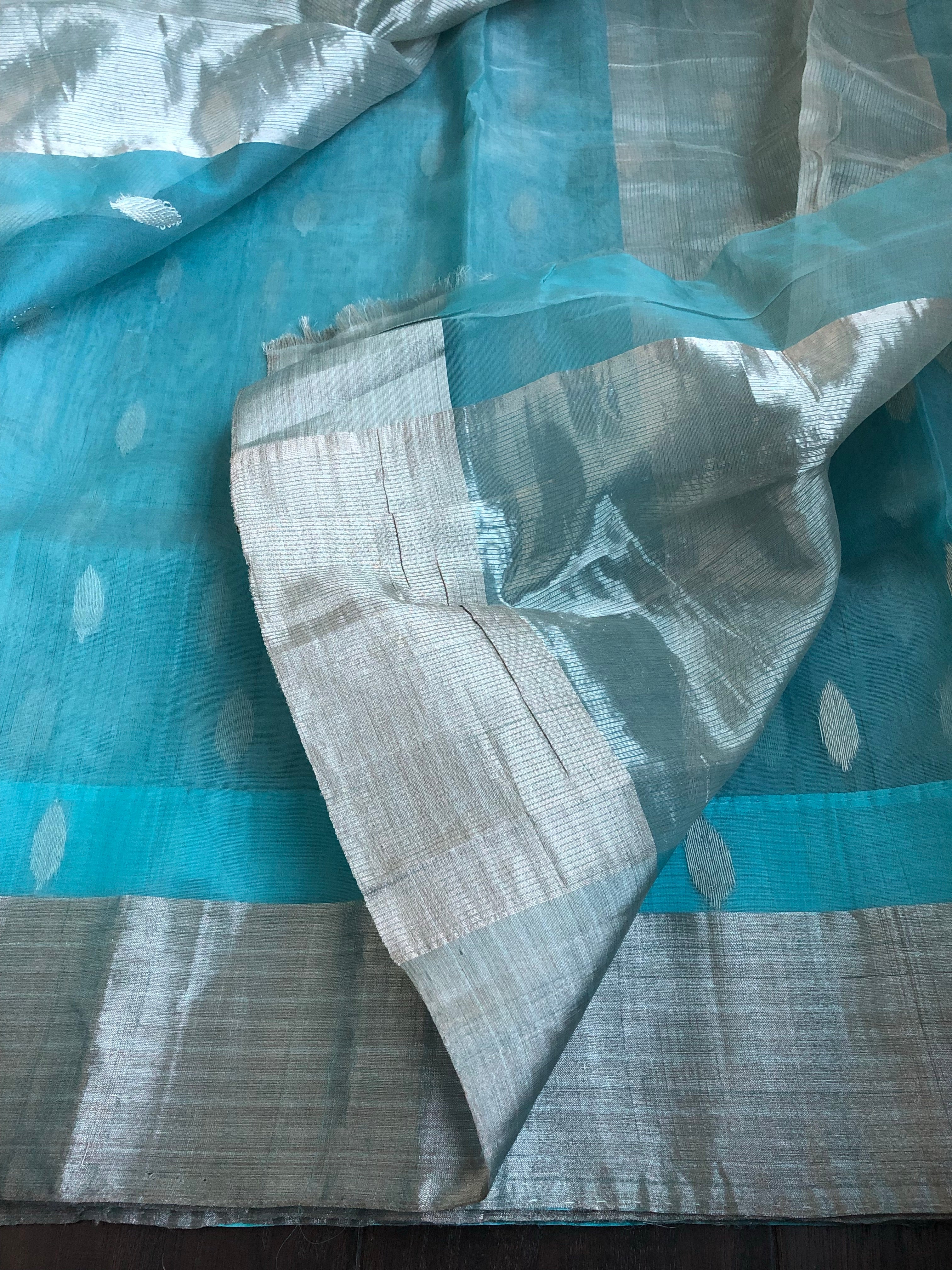 Chanderi Organza Silk - Light Blue Silver Zari