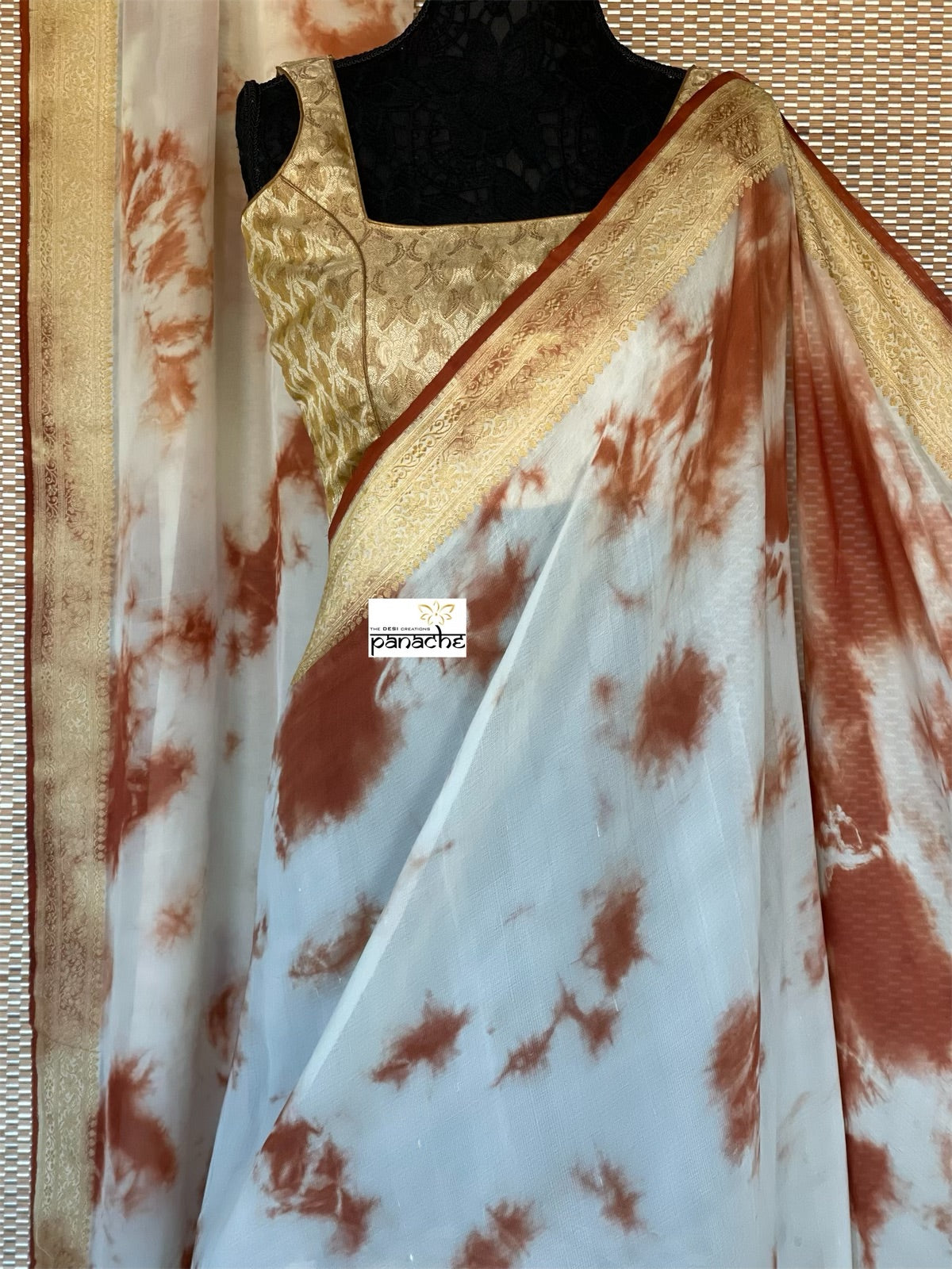 Khaddi Georgette Banarasi - Off-White Rust Brwon Tie-dye Khadhua Woven