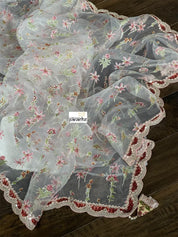 Designer Organza - Off-white Maroon Hand embroidered