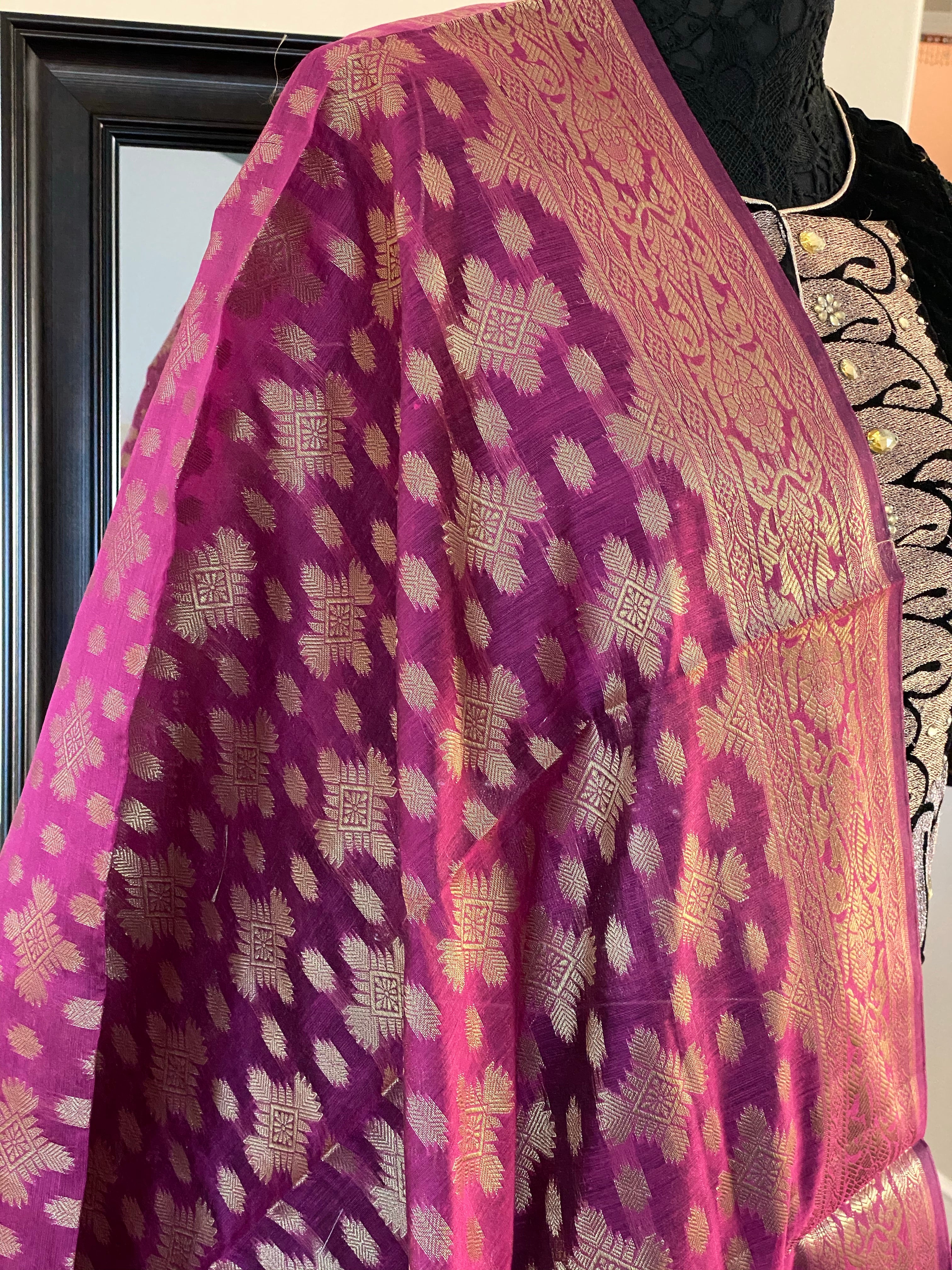 Silk Cotton Dupatta - Magenta Golden Zari