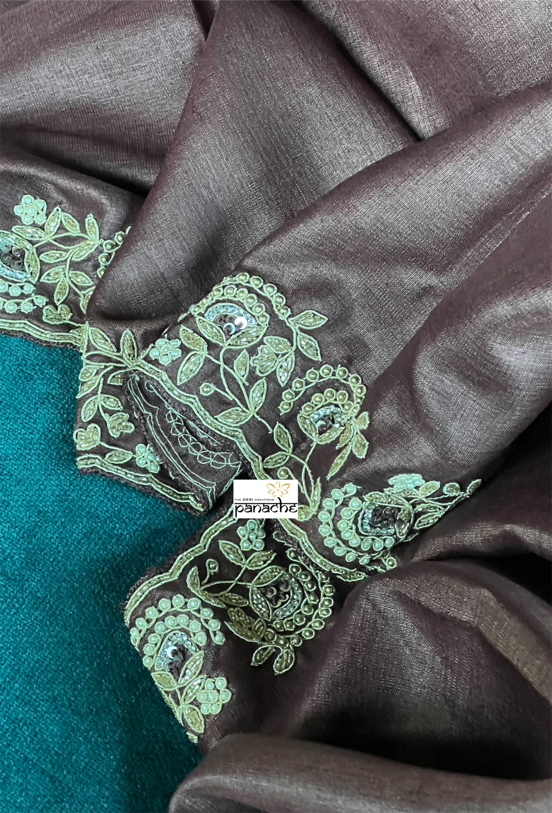 Designer Tussar Silk - Dark Coffee Brown Hand Embroidered