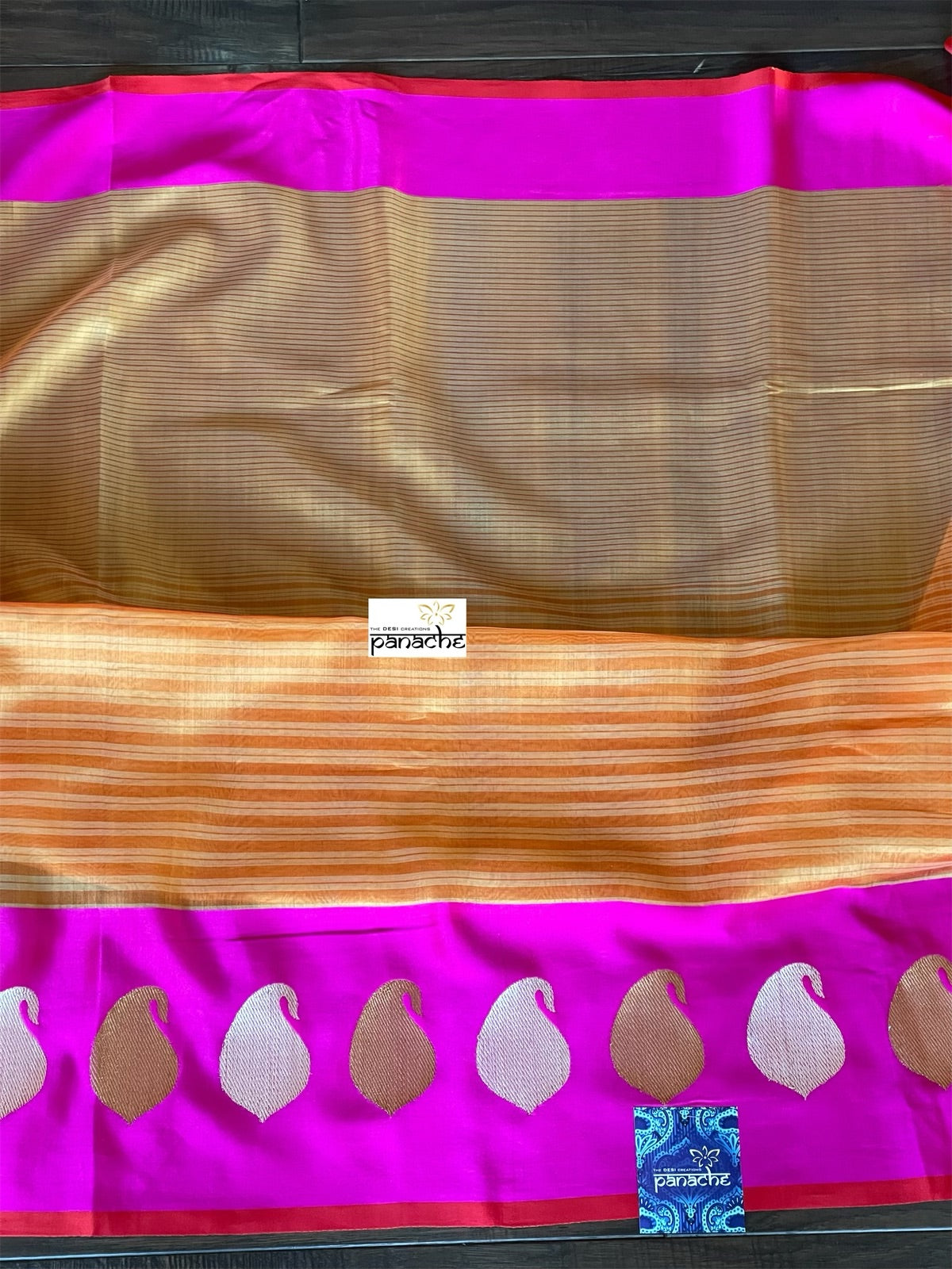 Pure Silk Cotton Banarasi - Orange Magenta Khadwa Woven