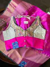 Pure Chanderi Pattu Silk - Magenta Pink Green Golden Silver Zari Woven